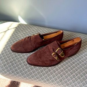 Carlo Morandi brown suede loafers w/ gold buckle detail size 8.5 men/ 9.5 women